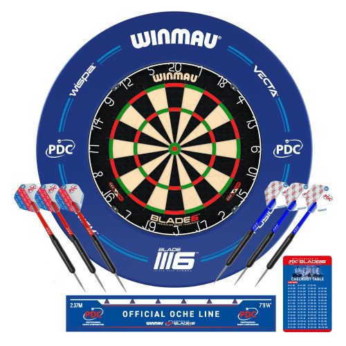 Kompletní šípkový set, terč Winmau Blade 6, PDC chránič stěny, 2 sety šipek, startovací čára, výstup