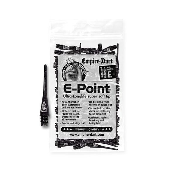 Hroty na šipky E-Point soft, plastové, dlouhé, černé, závit 2BA, 100ks/bal